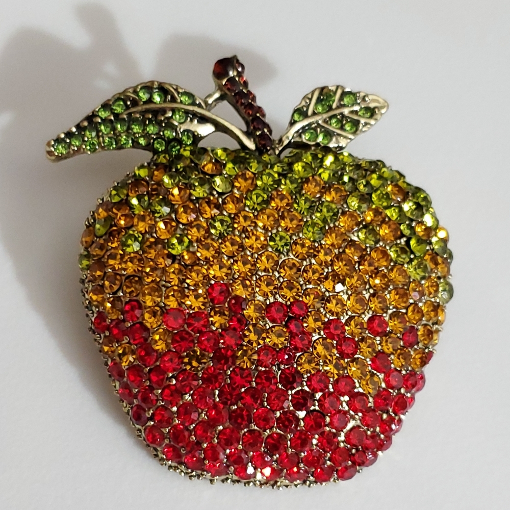 Apple brooch pin POISON SPARKLY crystals Big Fall Autumn vintage gold NEW GIFT